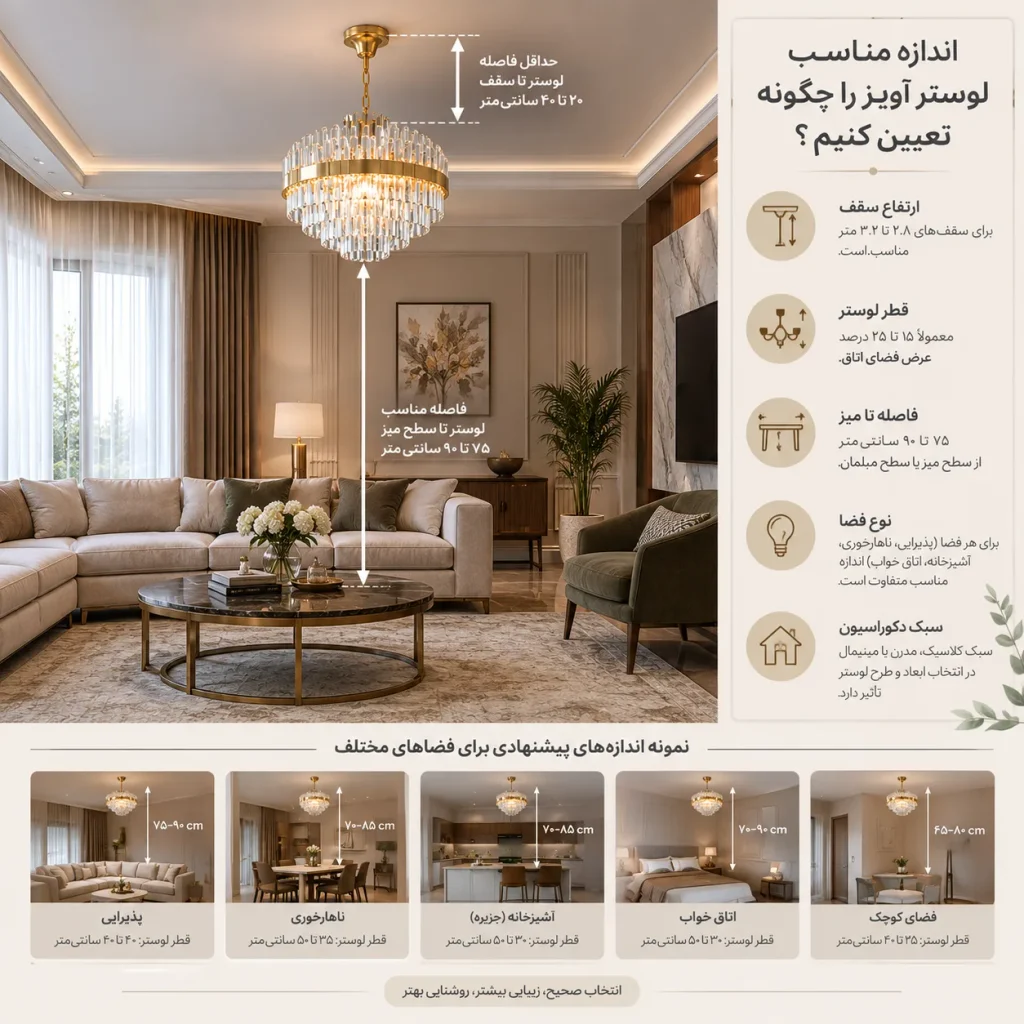اندازه مناسب لوستر آویز را چگونه تعیین کنیم؟-قصر لوستر