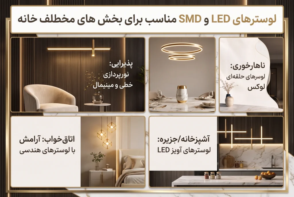 انواع لوستر های led و smd برای فضاهای مختلف خانه-قصر لوستر
