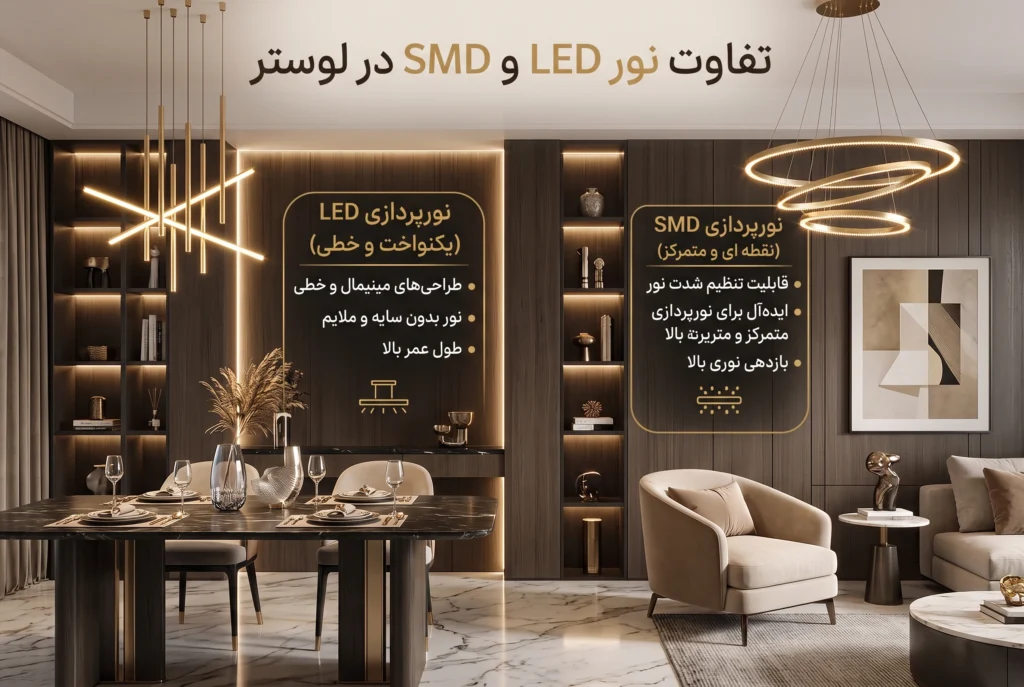 تفاوت نور لوستر های led و smd-قصر لوستر