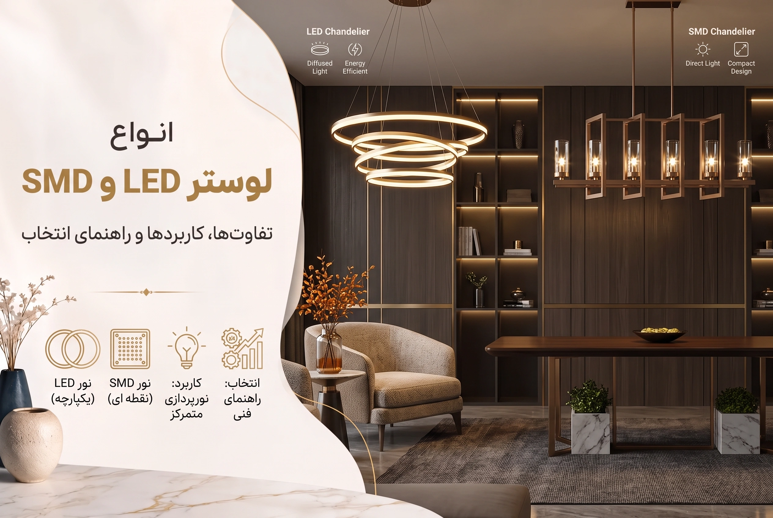 انواع لوستر LED و SMD؛ تفاوت‌ها، کاربردها و راهنمای انتخاب-قصر لوستر