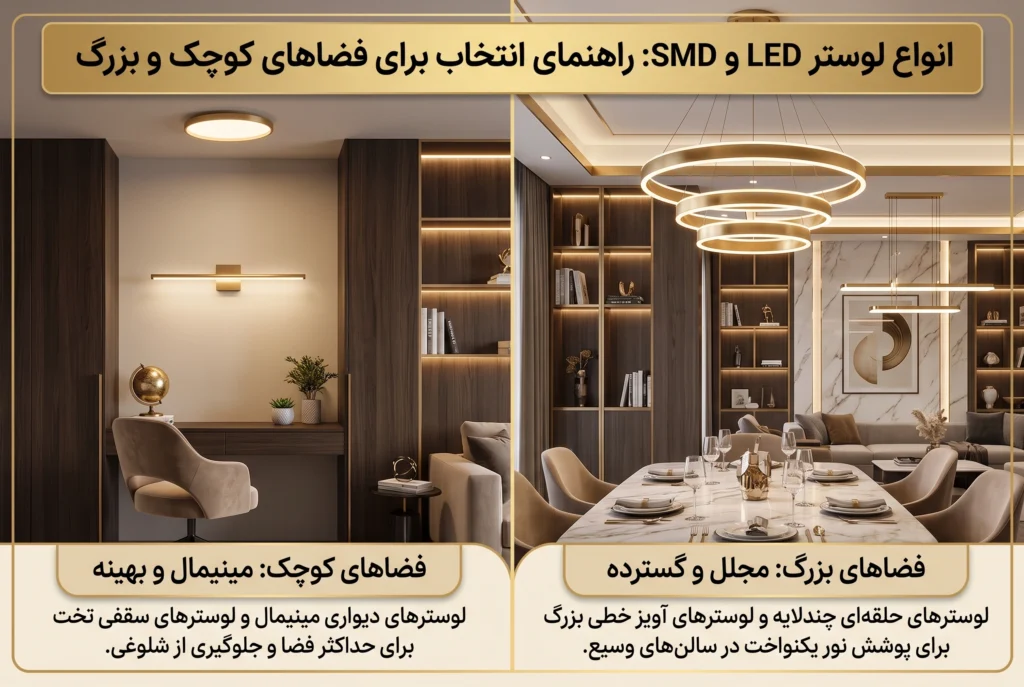 انواع لوستر های led و smd برای فضا های کوچک و بزرگ-قصر لوستر