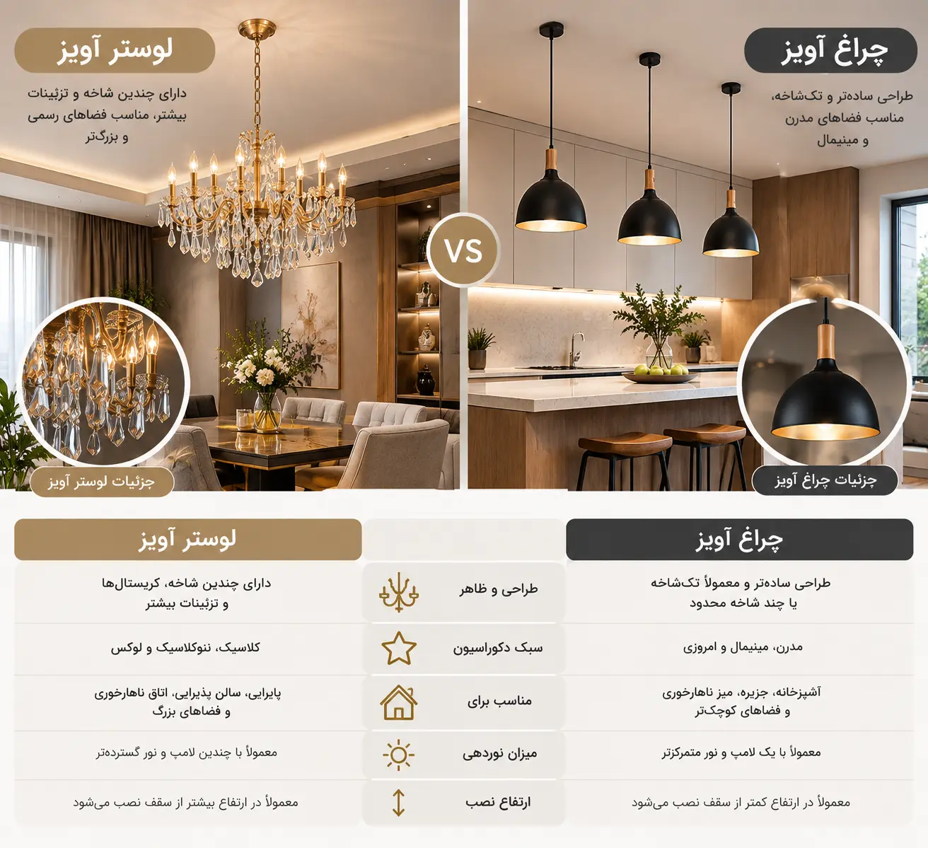 تفاوت چراغ اویز و لوستر اویز-قصر لوستر