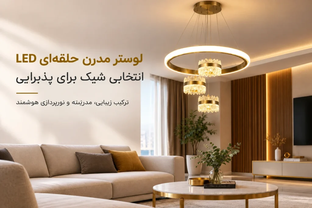 لوستر مدرن حلقهای LED در پذیرایی با دکوراسیون ساده انواع لوستر مدرن برای پذیرایی با طراحی حلقهای و نور LED قابل تنظیم - قصر لوستر